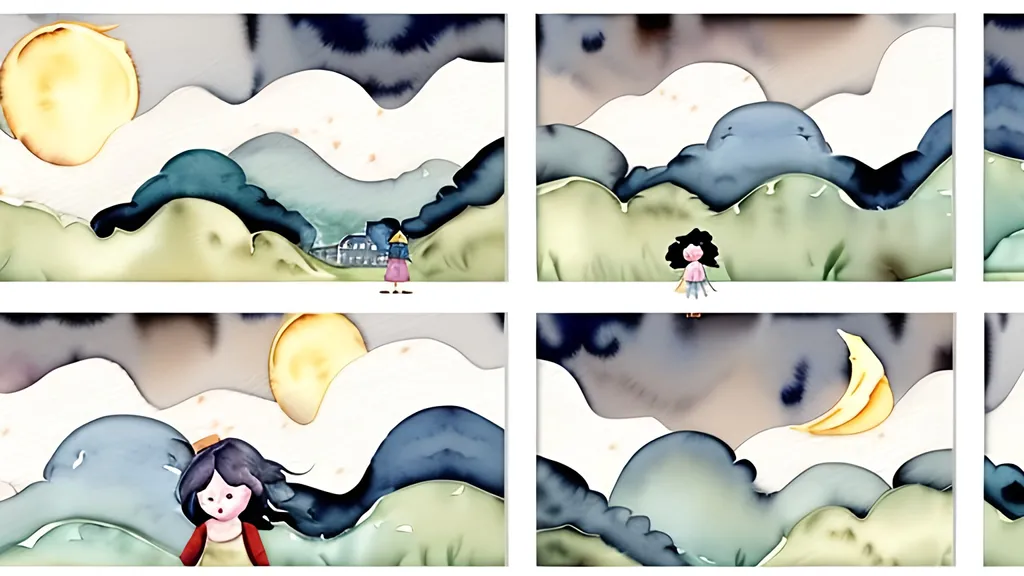 Prompt: LAUREN & The Wind Monsters
watercolor and papercraft
children's book illustrations
horizontal tryptych panels
a dark, cloudy windy night
suburban neighbourhood