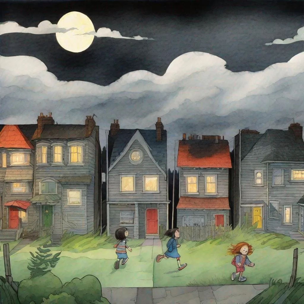 Prompt: ((comic book pages of chalkboard illustrations))
LAUREN & The Wind Monsters
watercolor and papercraft
children's book illustrations
horizontal tryptych panels
a dark, cloudy windy night
suburban neighbourhood