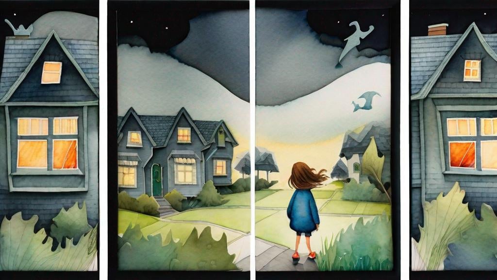 Prompt: LAUREN & The Wind Monsters
watercolor and papercraft
children's book illustrations
horizontal tryptych panels
a dark, cloudy windy night
suburban neighbourhood