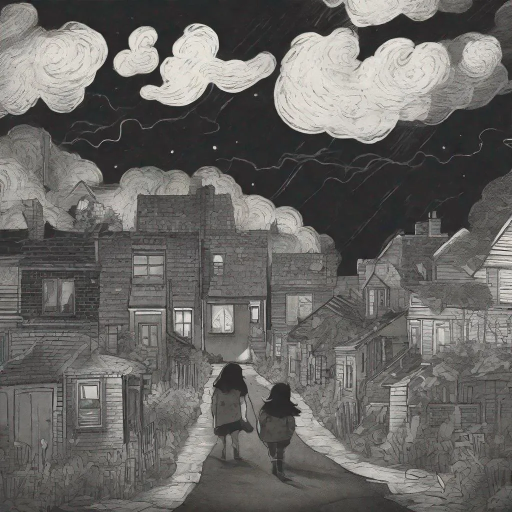 Prompt: ((comic book pages of chalkboard illustrations))
LAUREN & The Wind Monsters
children's book illustrations

a dark, cloudy windy night
suburban neighbourhood