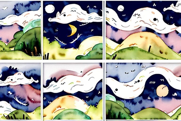 Prompt: LAUREN & The Wind Monsters
watercolor and papercraft
children's book illustrations
horizontal tryptych panels
a dark, cloudy windy night
suburban neighbourhood