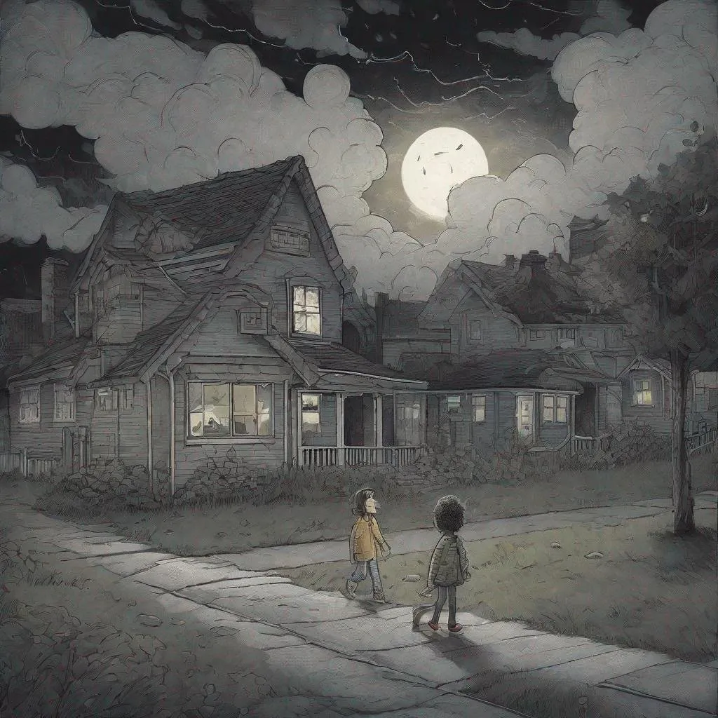 Prompt: ((comic book pages of chalkboard illustrations))
LAUREN & The Wind Monsters
children's book illustrations

a dark, cloudy windy night
suburban neighbourhood