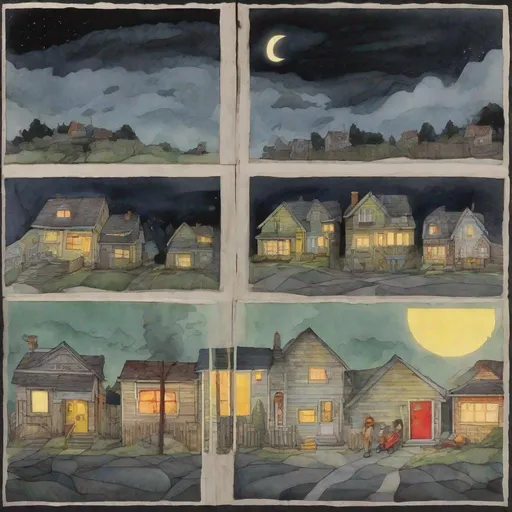 Prompt: ((comic book pages of chalkboard illustrations))
LAUREN & The Wind Monsters
watercolor and papercraft
children's book illustrations
horizontal tryptych panels
a dark, cloudy windy night
suburban neighbourhood