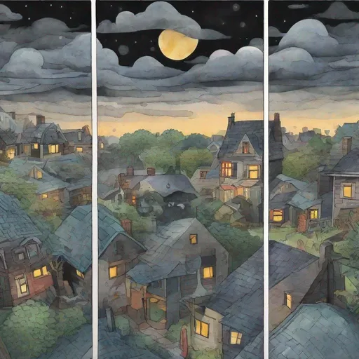 Prompt: ((comic book pages of chalkboard illustrations))
LAUREN & The Wind Monsters
watercolor and papercraft
children's book illustrations
horizontal tryptych panels
a dark, cloudy windy night
suburban neighbourhood