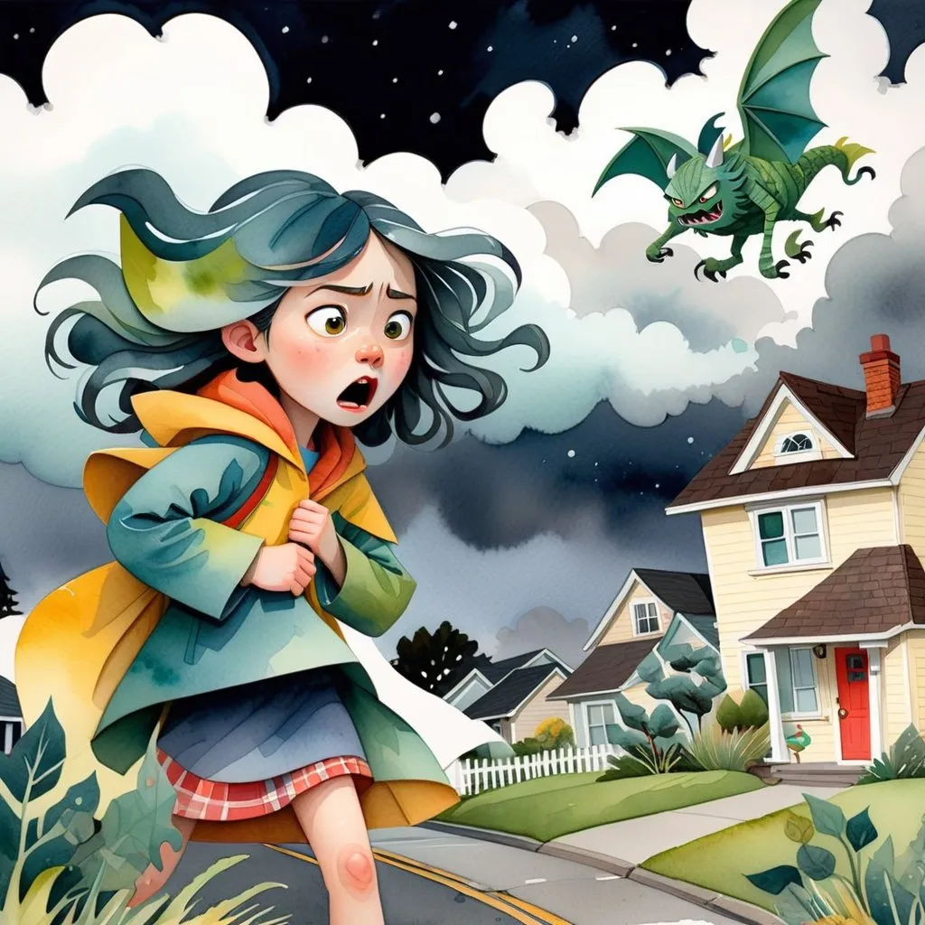 Prompt: LAUREN & The Wind Monsters
watercolor and papercraft
children's book illustrations
horizontal tryptych panels
a dark, cloudy windy night
suburban neighbourhood