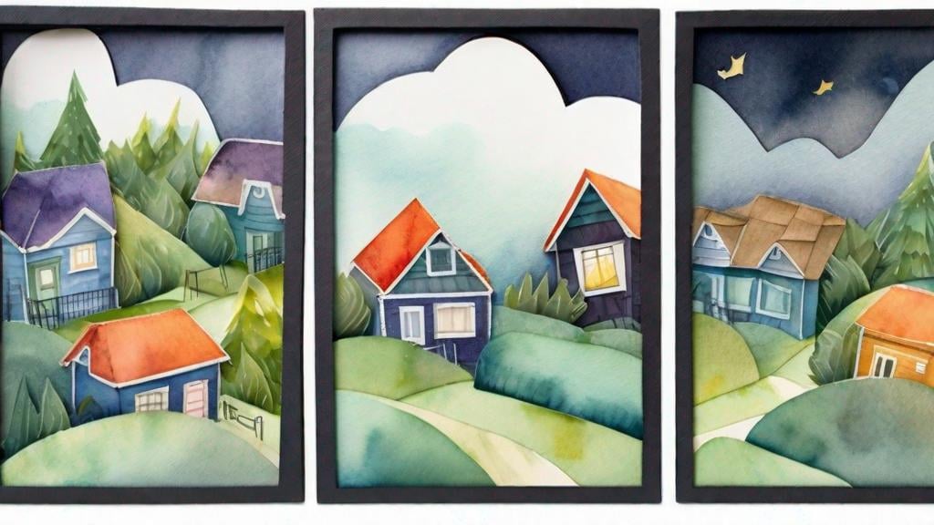 Prompt: LAUREN & The Wind Monsters
watercolor and papercraft
children's book illustrations
horizontal tryptych panels
a dark, cloudy windy night
suburban neighbourhood