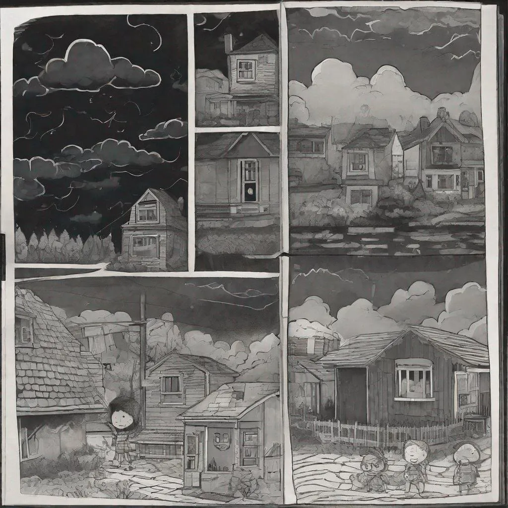 Prompt: ((comic book pages of chalkboard illustrations))
LAUREN & The Wind Monsters
children's book illustrations

a dark, cloudy windy night
suburban neighbourhood