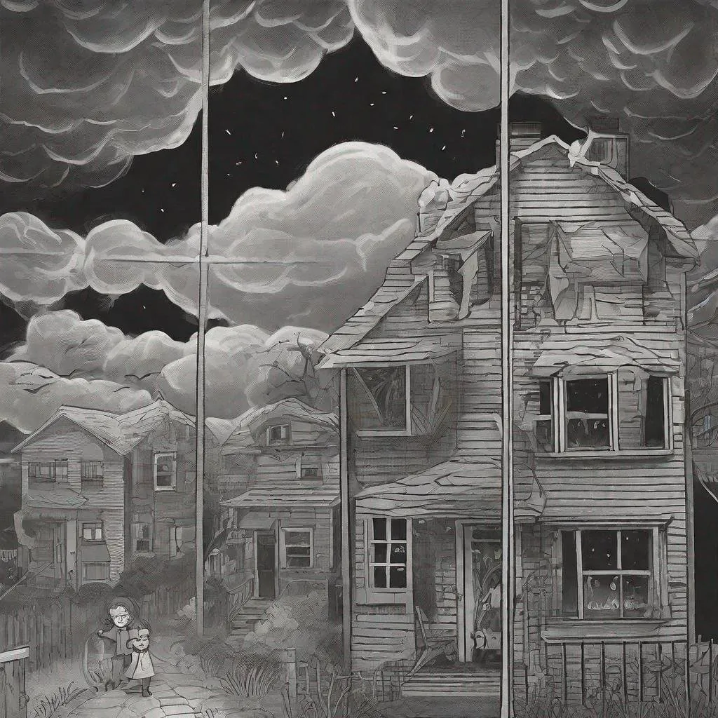 Prompt: ((comic book pages of chalkboard illustrations))
LAUREN & The Wind Monsters
children's book illustrations

a dark, cloudy windy night
suburban neighbourhood