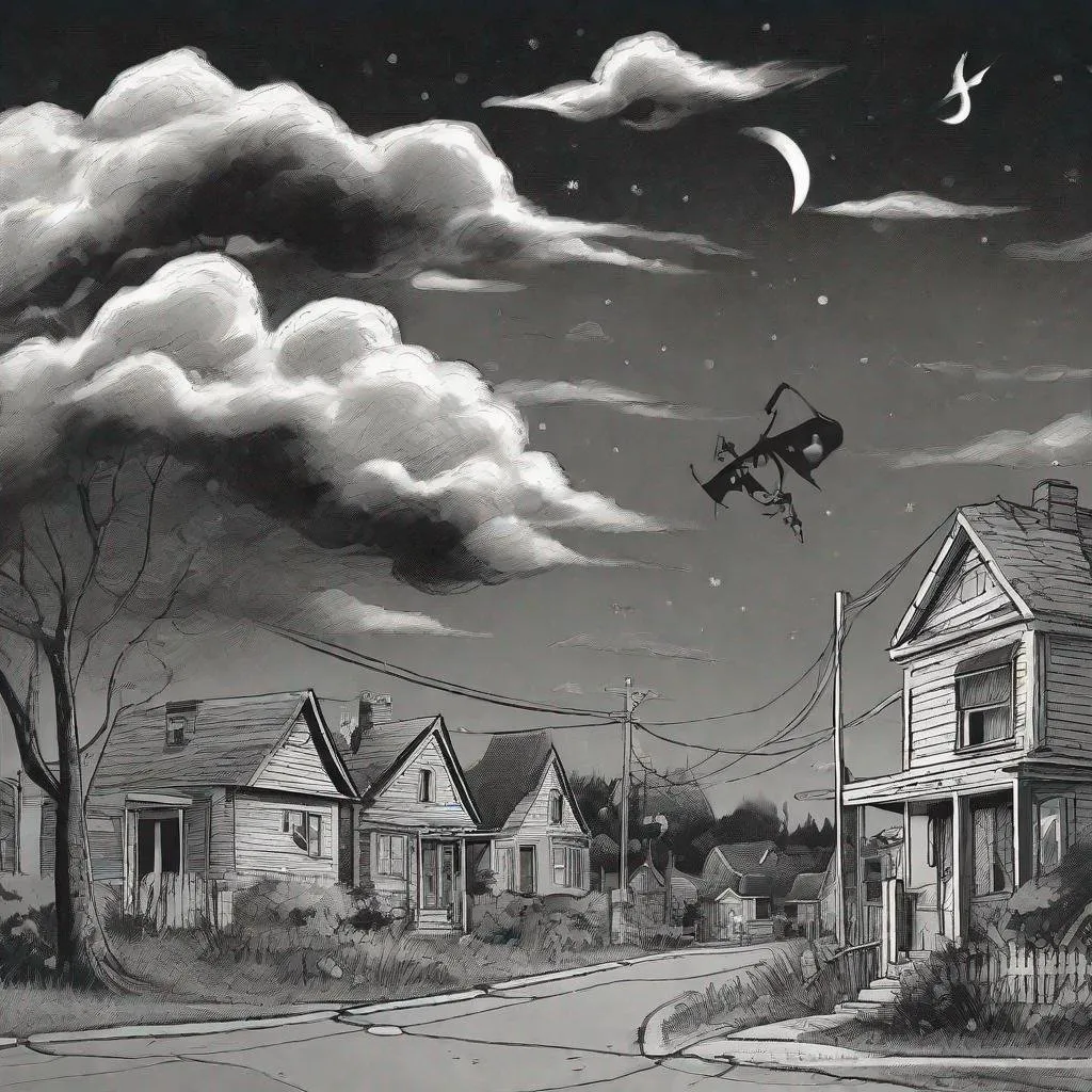 Prompt: ((comic book pages of chalkboard illustrations))
LAUREN & The Wind Monsters
children's book illustrations

a dark, cloudy windy night
suburban neighbourhood