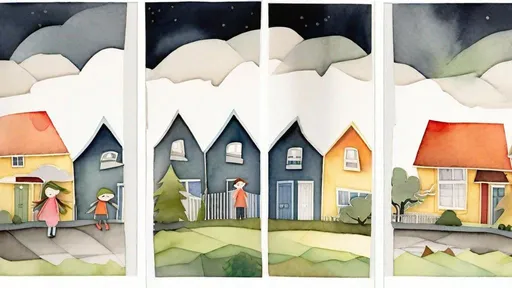 Prompt: LAUREN & The Wind Monsters
watercolor and papercraft
children's book illustrations
horizontal tryptych panels
a dark, cloudy windy night
suburban neighbourhood