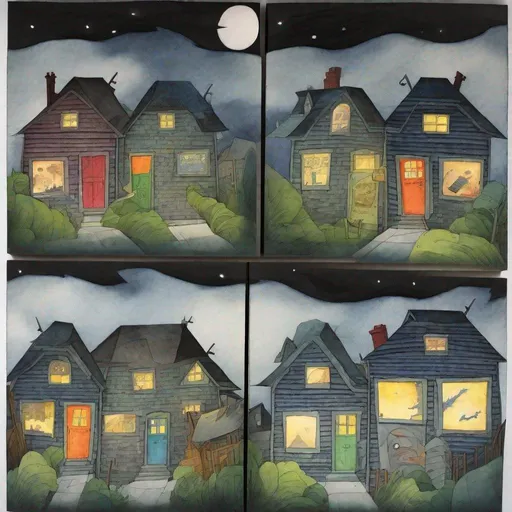 Prompt: ((comic book pages of chalkboard illustrations))
LAUREN & The Wind Monsters
watercolor and papercraft
children's book illustrations
horizontal tryptych panels
a dark, cloudy windy night
suburban neighbourhood