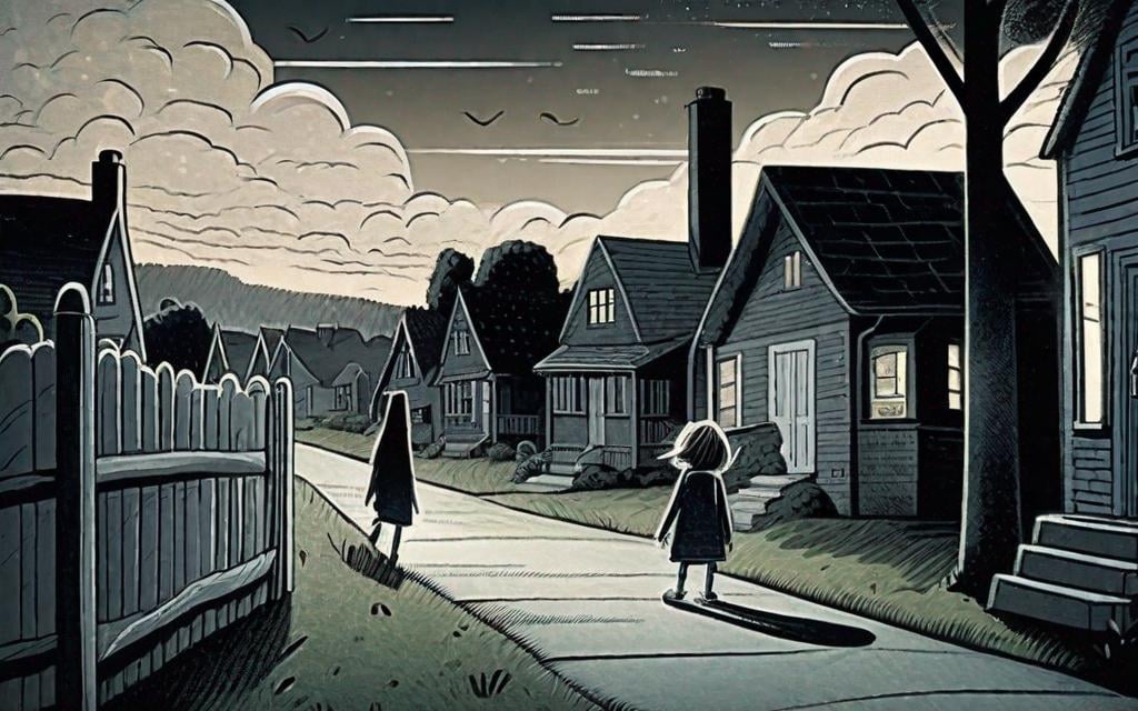 Prompt: ((comic book pages of chalkboard illustrations))
LAUREN & The Wind Monsters
children's book illustrations

a dark, cloudy windy night
suburban neighbourhood