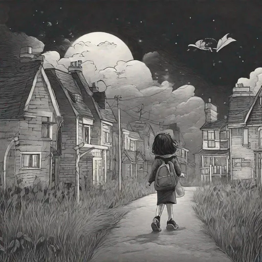 Prompt: ((comic book pages of chalkboard illustrations))
LAUREN & The Wind Monsters
children's book illustrations

a dark, cloudy windy night
suburban neighbourhood