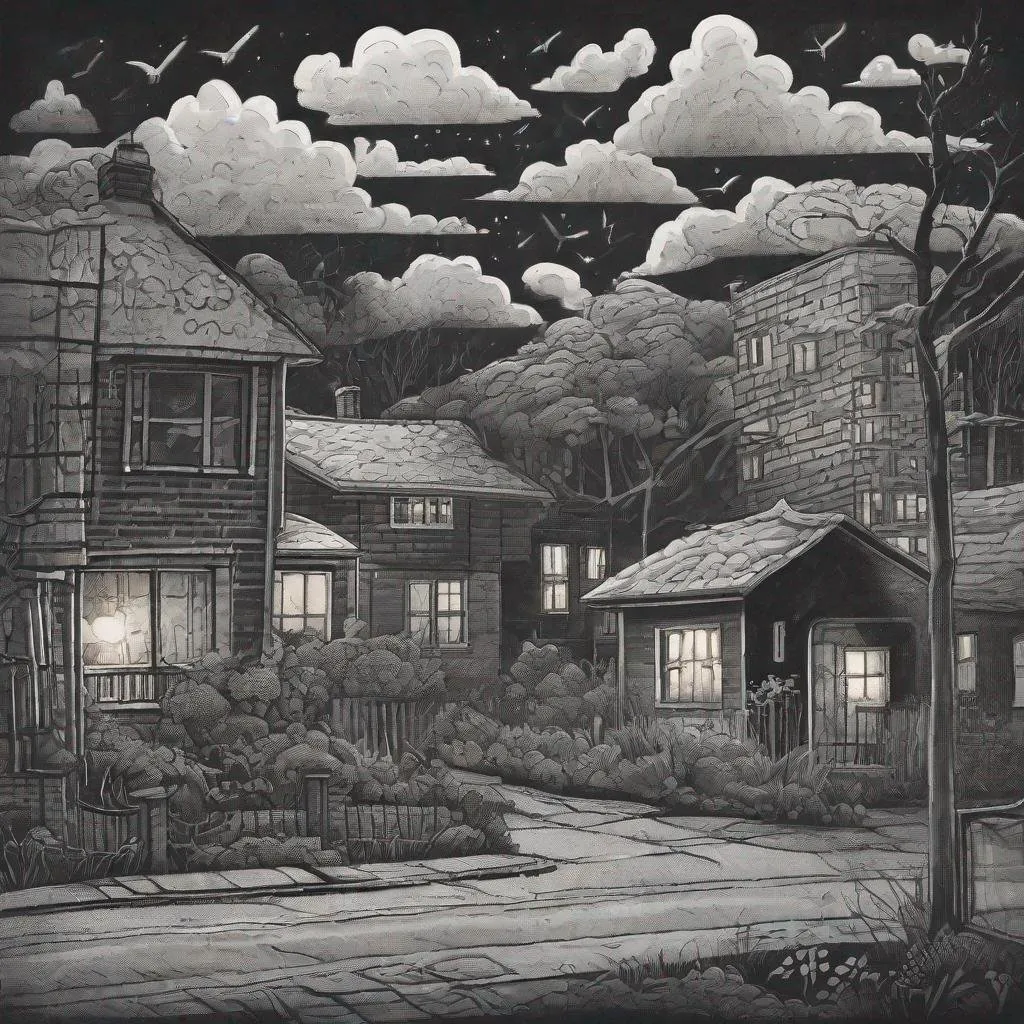 Prompt: ((comic book pages of chalkboard illustrations))
LAUREN & The Wind Monsters
children's book illustrations

a dark, cloudy windy night
suburban neighbourhood