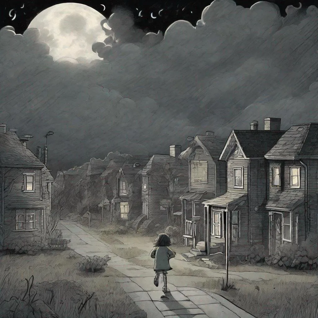 Prompt: ((comic book pages of chalkboard illustrations))
LAUREN & The Wind Monsters
children's book illustrations

a dark, cloudy windy night
suburban neighbourhood