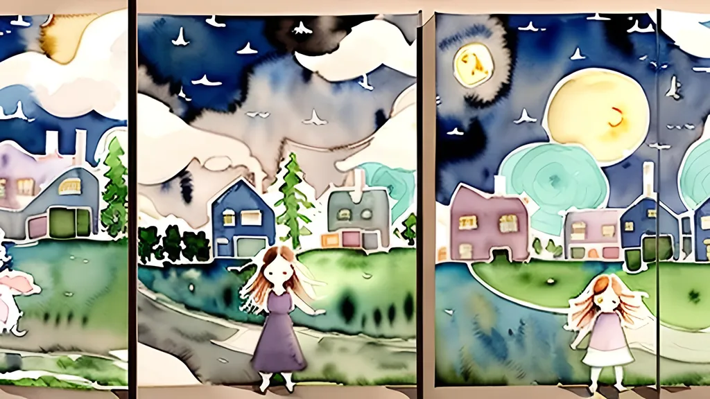 Prompt: LAUREN & The Wind Monsters
watercolor and papercraft
children's book illustrations
horizontal tryptych panels
a dark, cloudy windy night
suburban neighbourhood