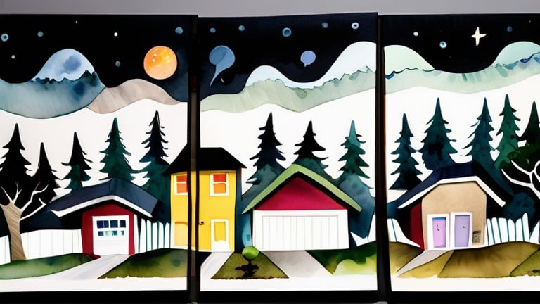 Prompt: LAUREN & The Wind Monsters
watercolor and papercraft
children's book illustrations
horizontal tryptych panels
a dark, cloudy windy night
suburban neighbourhood