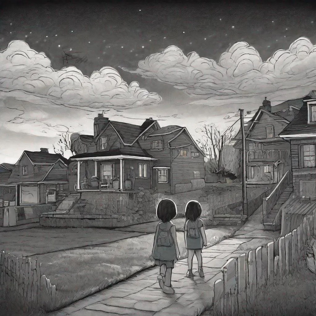 Prompt: ((comic book pages of chalkboard illustrations))
LAUREN & The Wind Monsters
children's book illustrations

a dark, cloudy windy night
suburban neighbourhood