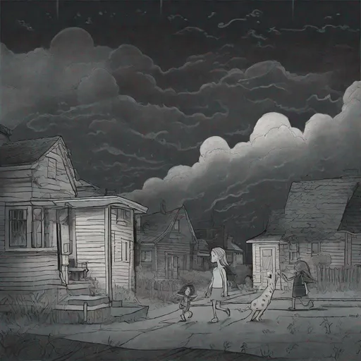 Prompt: ((comic book pages of chalkboard illustrations))
LAUREN & The Wind Monsters
children's book illustrations

a dark, cloudy windy night
suburban neighbourhood