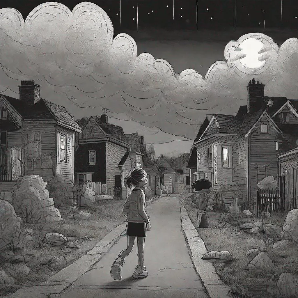 Prompt: ((comic book pages of chalkboard illustrations))
LAUREN & The Wind Monsters
children's book illustrations

a dark, cloudy windy night
suburban neighbourhood