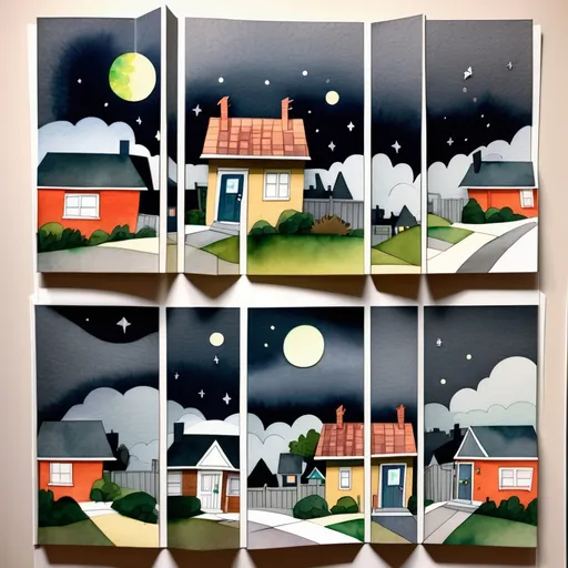 Prompt: LAUREN & The Wind Monsters
watercolor and papercraft
children's book illustrations
horizontal tryptych panels
a dark, cloudy windy night
suburban neighbourhood