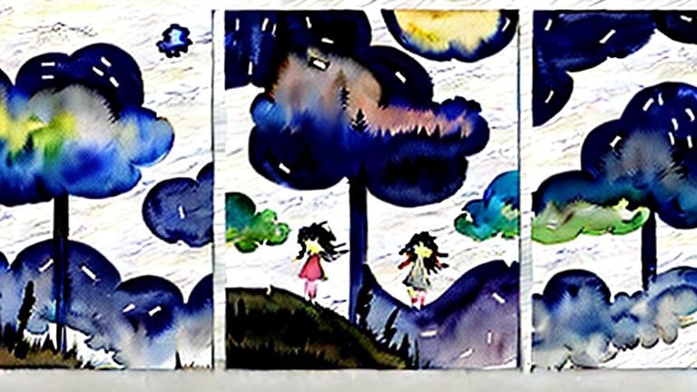 Prompt: LAUREN & The Wind Monsters
watercolor and papercraft
children's book illustrations
horizontal tryptych panels
a dark, cloudy windy night
suburban neighbourhood