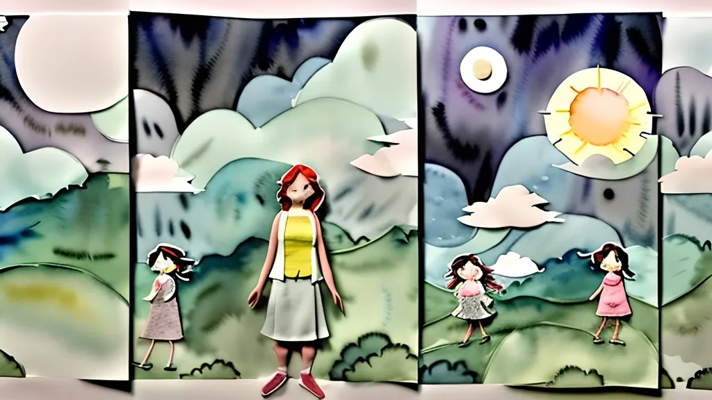 Prompt: LAUREN & The Wind Monsters
watercolor and papercraft
children's book illustrations
horizontal tryptych panels
a dark, cloudy windy night
suburban neighbourhood