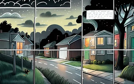 Prompt: ((multi-panel comic book pages of chalkboard illustrations)) LAUREN & The Wind Monsters children's book illustrations a dark, cloudy windy night suburban neighbourhood