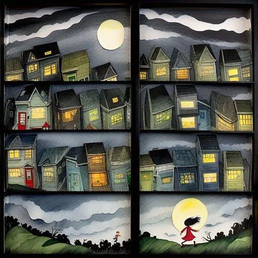 Prompt: ((comic book pages of chalkboard illustrations))
LAUREN & The Wind Monsters
watercolor and papercraft
children's book illustrations
horizontal tryptych panels
a dark, cloudy windy night
suburban neighbourhood