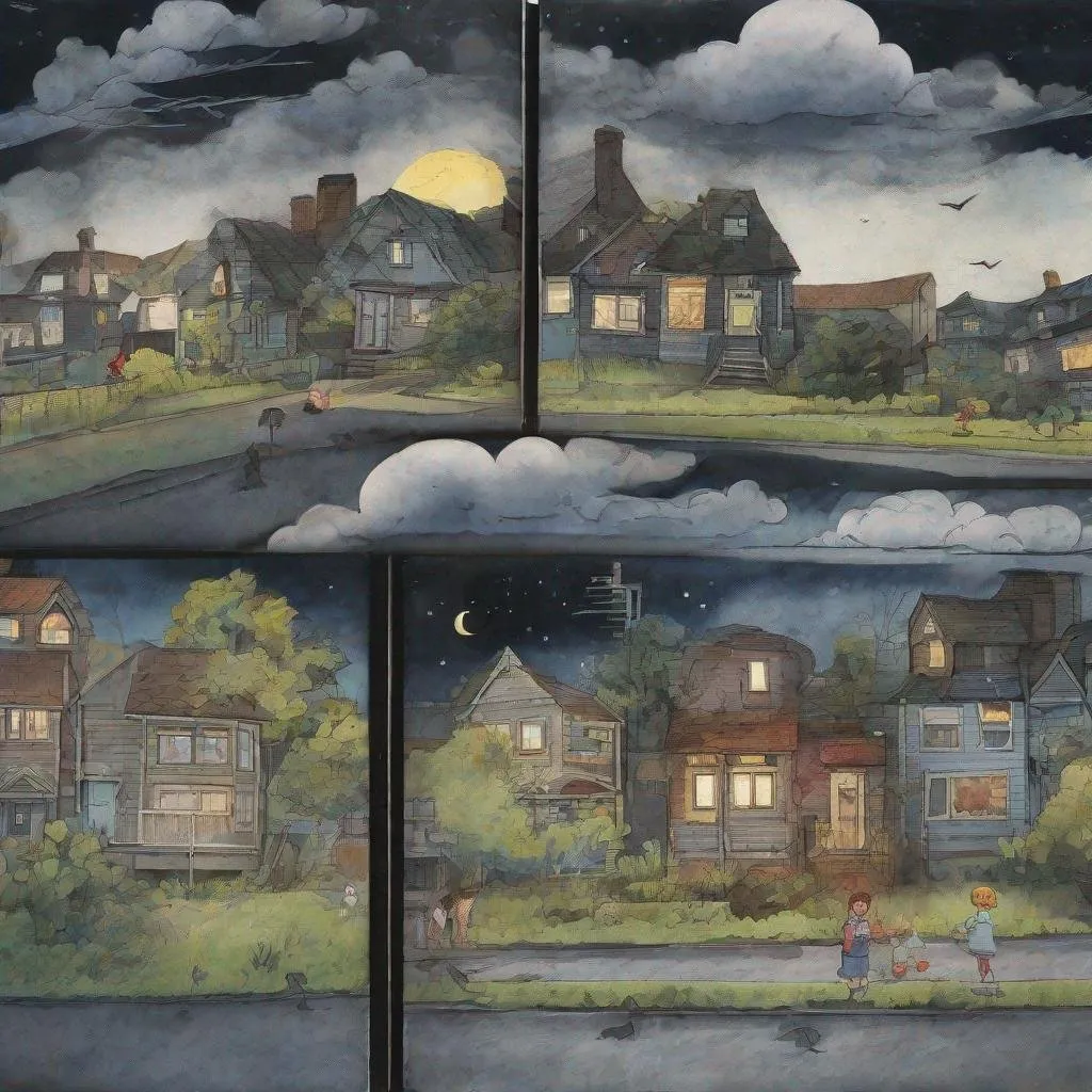 Prompt: ((comic book pages of chalkboard illustrations))
LAUREN & The Wind Monsters
watercolor and papercraft
children's book illustrations
horizontal tryptych panels
a dark, cloudy windy night
suburban neighbourhood