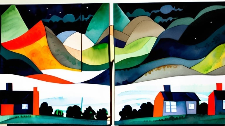 Prompt: LAUREN & The Wind Monsters
watercolor and papercraft
children's book illustrations
horizontal tryptych panels
a dark, cloudy windy night
suburban neighbourhood