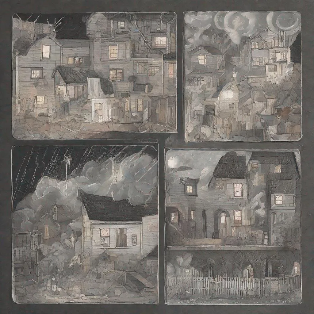 Prompt: ((comic book pages of chalkboard illustrations))
LAUREN & The Wind Monsters
children's book illustrations

a dark, cloudy windy night
suburban neighbourhood