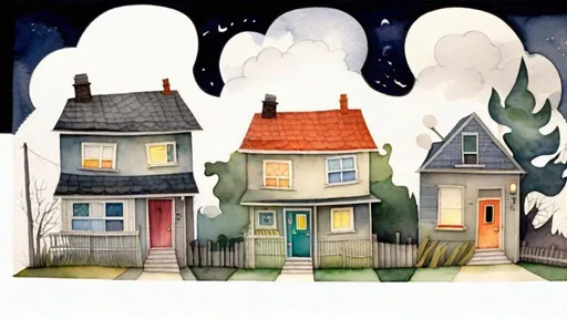 Prompt: LAUREN & The Wind Monsters
watercolor and papercraft
children's book illustrations
horizontal tryptych panels
a dark, cloudy windy night
suburban neighbourhood