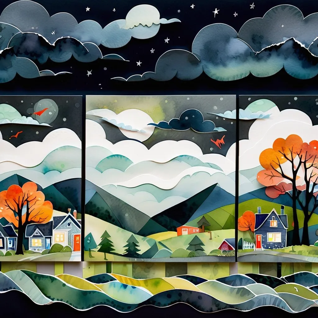 Prompt: LAUREN & The Wind Monsters
watercolor and papercraft
children's book illustrations
horizontal tryptych panels
a dark, cloudy windy night
suburban neighbourhood