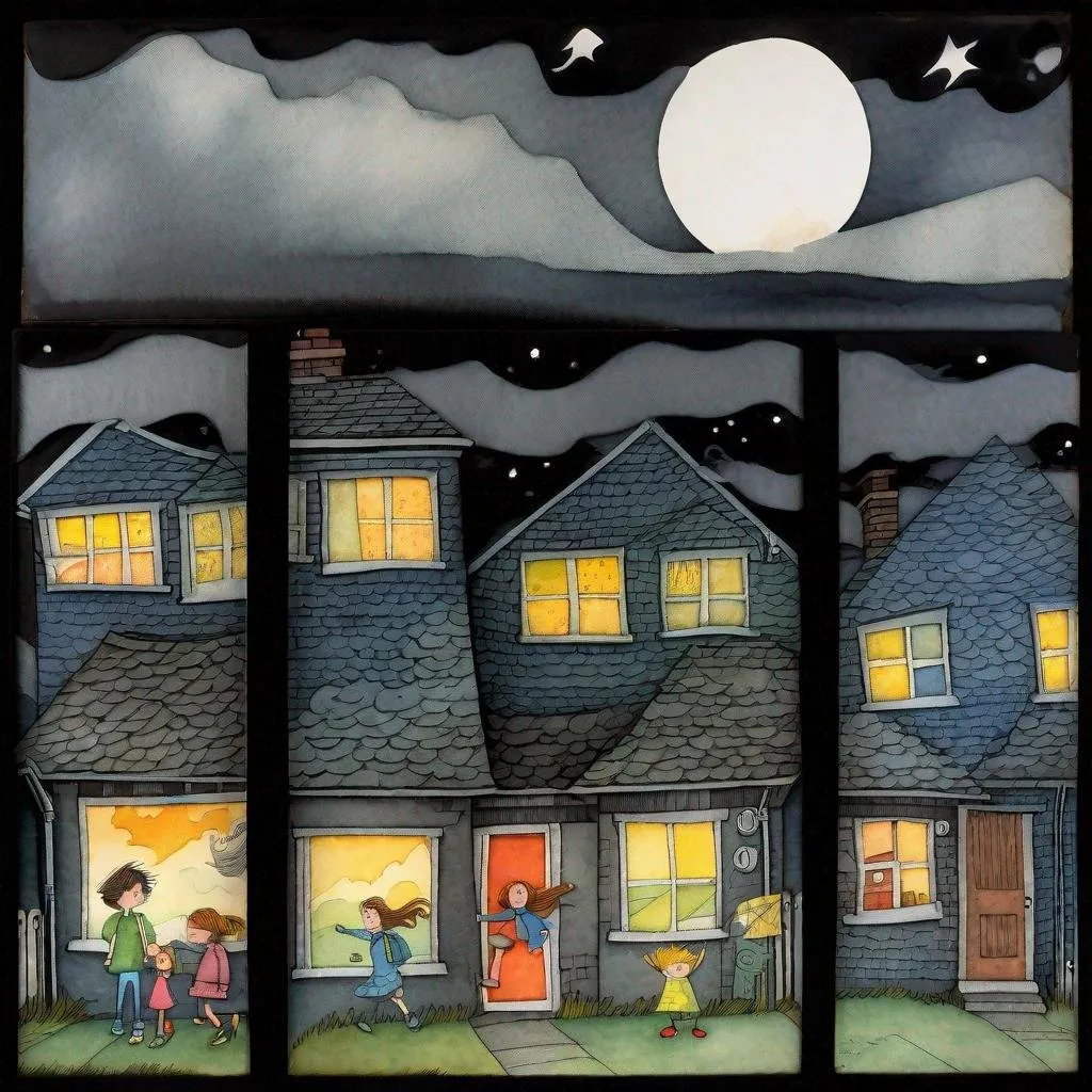 Prompt: ((comic book pages of chalkboard illustrations))
LAUREN & The Wind Monsters
watercolor and papercraft
children's book illustrations
horizontal tryptych panels
a dark, cloudy windy night
suburban neighbourhood