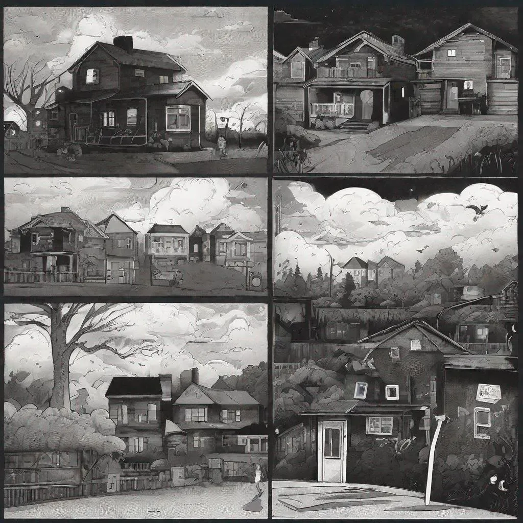 Prompt: ((comic book pages of chalkboard illustrations))
LAUREN & The Wind Monsters
children's book illustrations

a dark, cloudy windy night
suburban neighbourhood