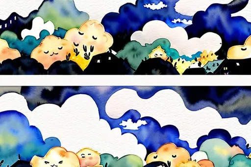 Prompt: LAUREN & The Wind Monsters
watercolor and papercraft
children's book illustrations
horizontal tryptych panels
a dark, cloudy windy night
suburban neighbourhood