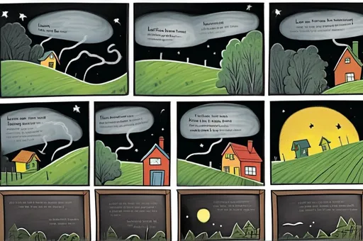 Prompt: ((multi-panel comic book pages of chalkboard illustrations)) LAUREN & The Wind Monsters children's book illustrations a dark, cloudy windy night suburban neighbourhood