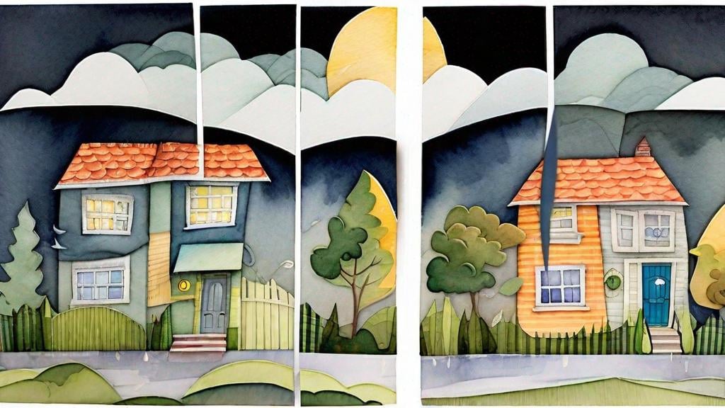 Prompt: LAUREN & The Wind Monsters
watercolor and papercraft
children's book illustrations
horizontal tryptych panels
a dark, cloudy windy night
suburban neighbourhood