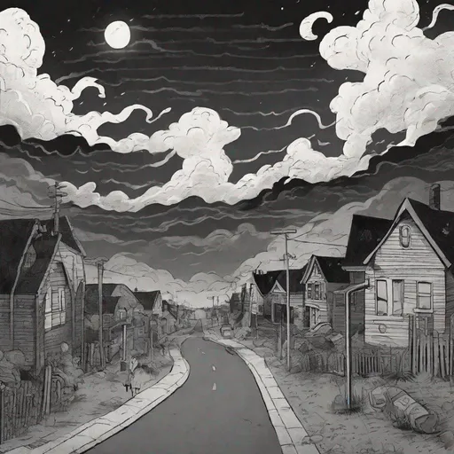 Prompt: ((comic book pages of chalkboard illustrations))
LAUREN & The Wind Monsters
children's book illustrations

a dark, cloudy windy night
suburban neighbourhood