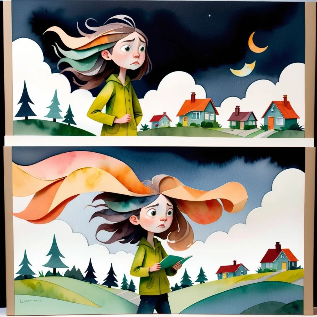 Prompt: LAUREN & The Wind Monsters
watercolor and papercraft
children's book illustrations
horizontal tryptych panels
a dark, cloudy windy night
suburban neighbourhood