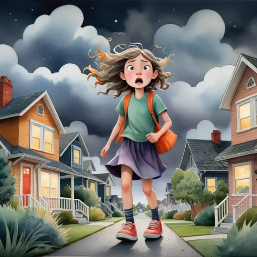 Prompt: LAUREN & The Wind Monsters
watercolor and papercraft
children's book illustrations
horizontal tryptych panels
a dark, cloudy windy night
suburban neighbourhood