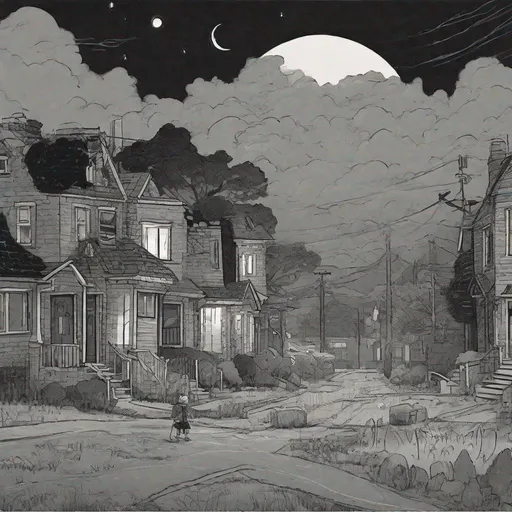 Prompt: ((comic book pages of chalkboard illustrations))
LAUREN & The Wind Monsters
children's book illustrations

a dark, cloudy windy night
suburban neighbourhood