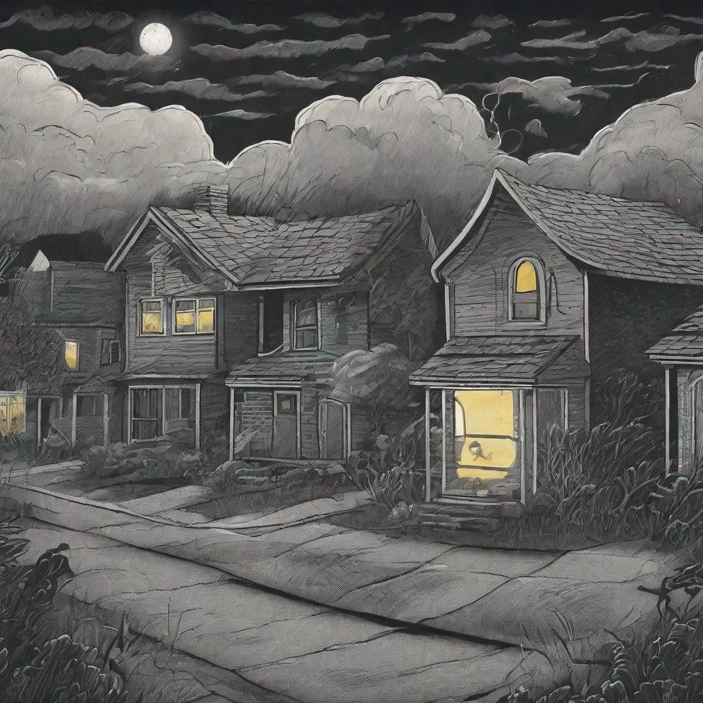 Prompt: ((comic book pages of chalkboard illustrations))
LAUREN & The Wind Monsters
children's book illustrations

a dark, cloudy windy night
suburban neighbourhood