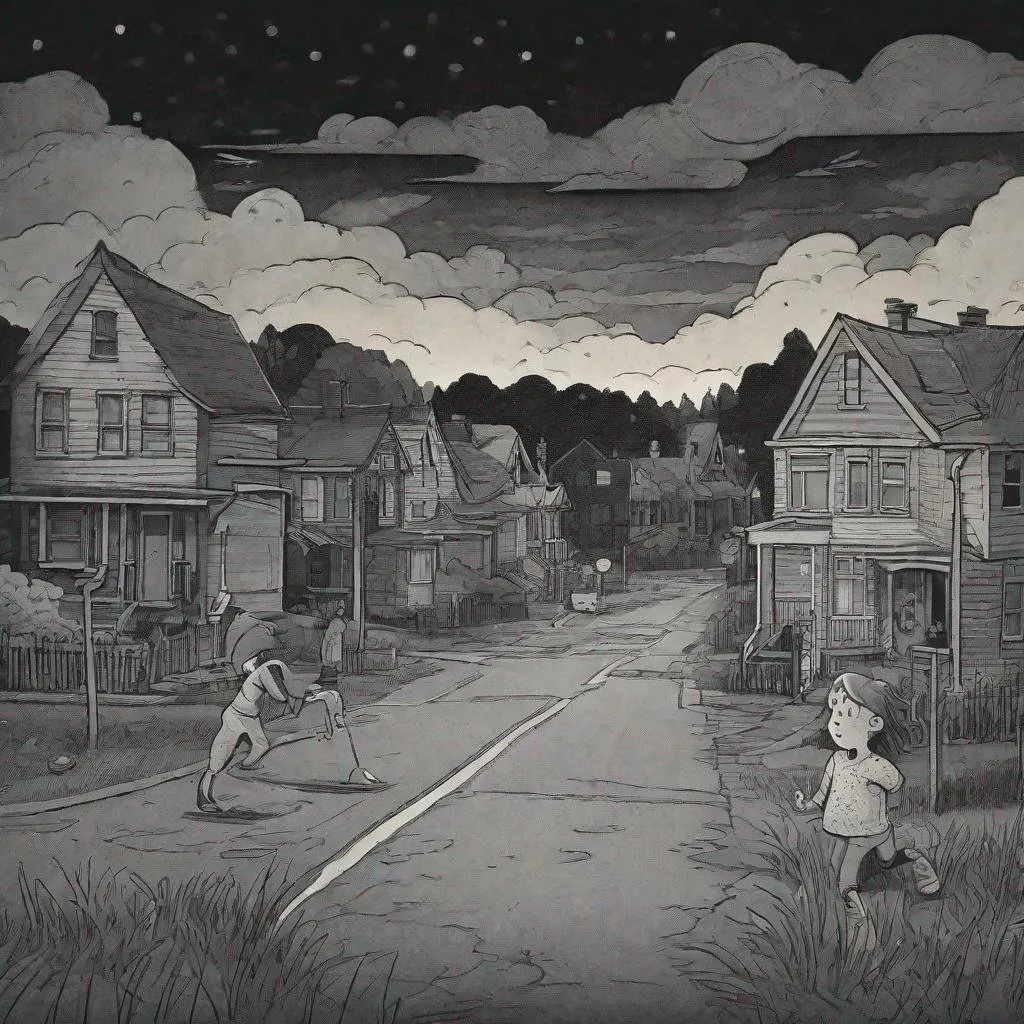 Prompt: ((comic book pages of chalkboard illustrations))
LAUREN & The Wind Monsters
children's book illustrations

a dark, cloudy windy night
suburban neighbourhood