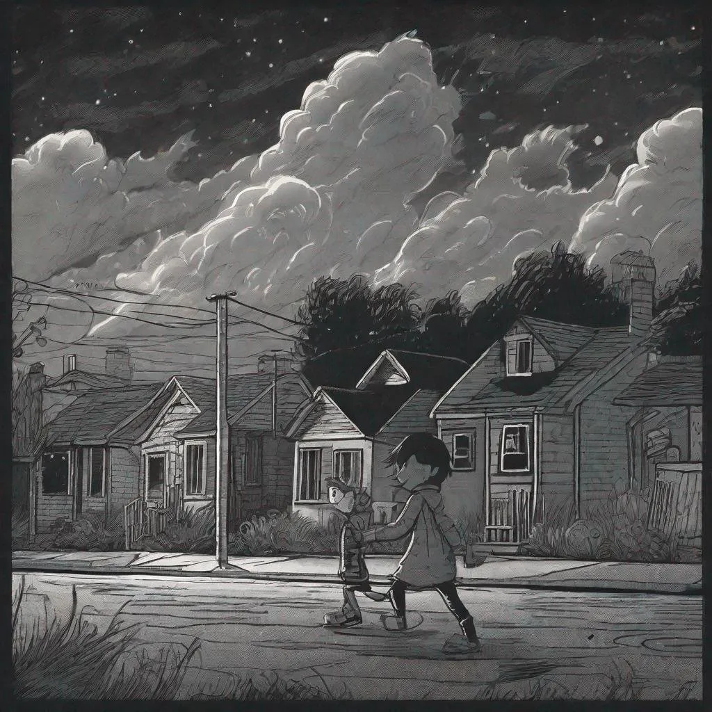 Prompt: ((comic book pages of chalkboard illustrations))
LAUREN & The Wind Monsters
children's book illustrations

a dark, cloudy windy night
suburban neighbourhood