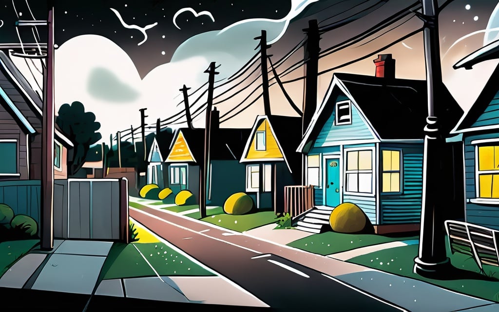 Prompt: ((multi-panel comic book pages of chalkboard illustrations)) LAUREN & The Wind Monsters children's book illustrations a dark, cloudy windy night suburban neighbourhood