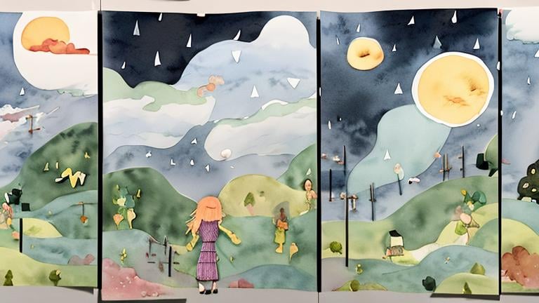 Prompt: LAUREN & The Wind Monsters
watercolor and papercraft
children's book illustrations
horizontal tryptych panels
a dark, cloudy windy night
suburban neighbourhood