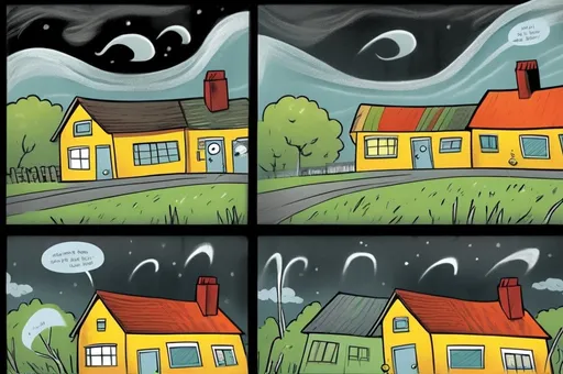 Prompt: ((multi-panel comic book pages of chalkboard illustrations)) LAUREN & The Wind Monsters children's book illustrations a dark, cloudy windy night suburban neighbourhood