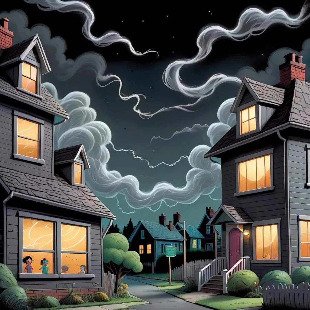 Prompt: ((multi-panel comic book pages of chalkboard illustrations))
LAUREN & The Wind Monsters
children's book illustrations

a dark, cloudy windy night
suburban neighbourhood